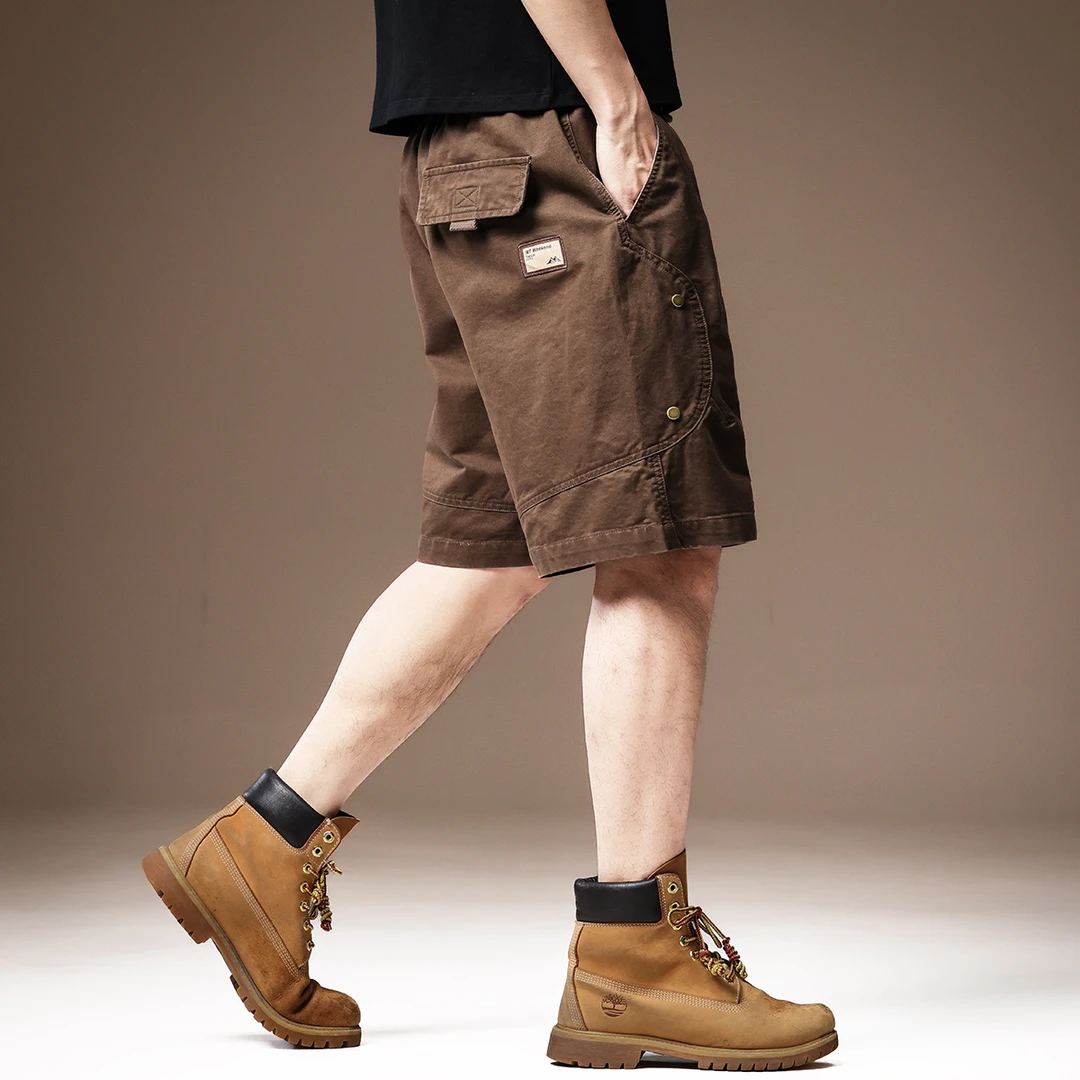高端美式重磅纯棉拼接工装短裤男士夏季潮牌休闲复古五分中裤子男