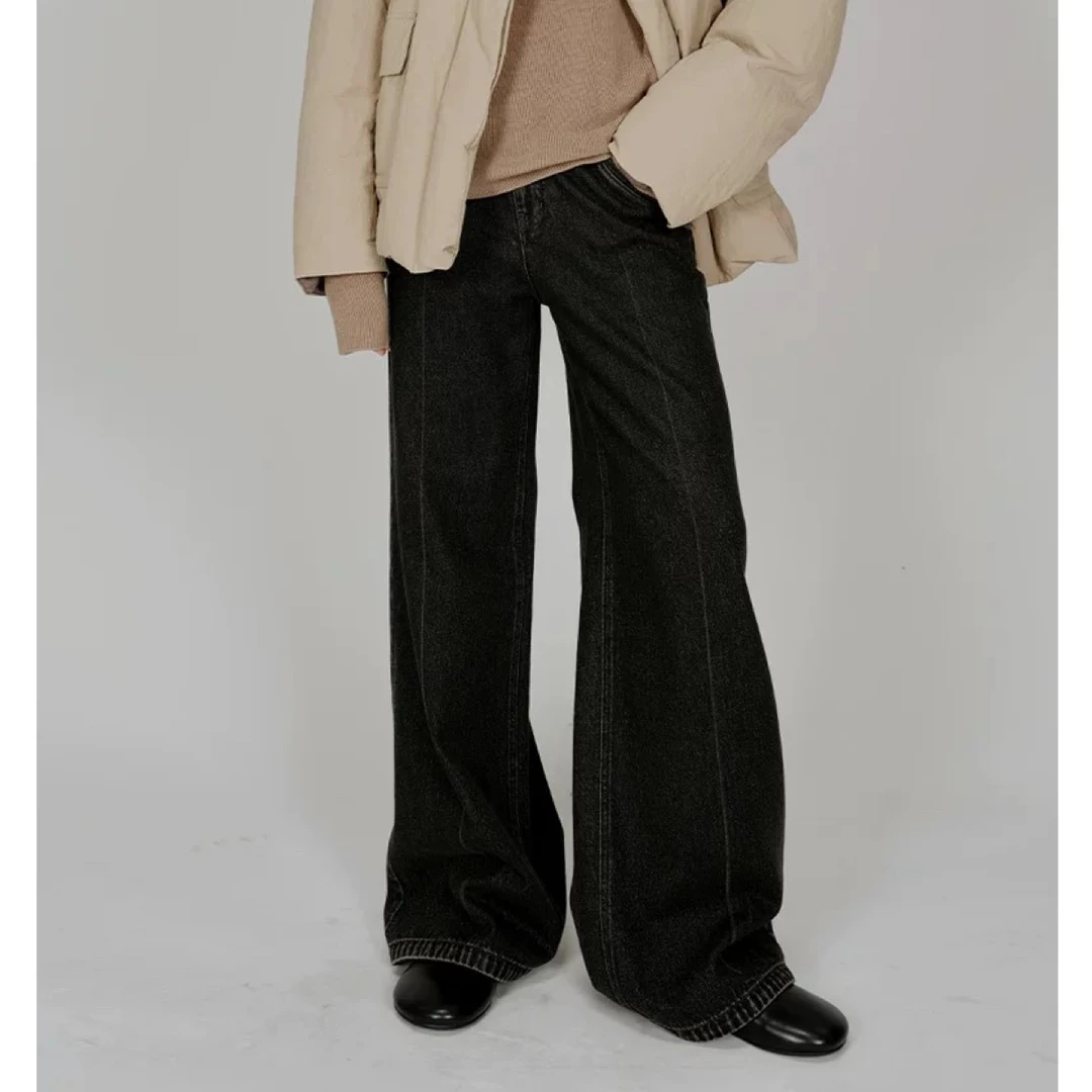 YOEYYOU极简洗水宽松喇叭裤独特复古百搭显瘦牛仔裤