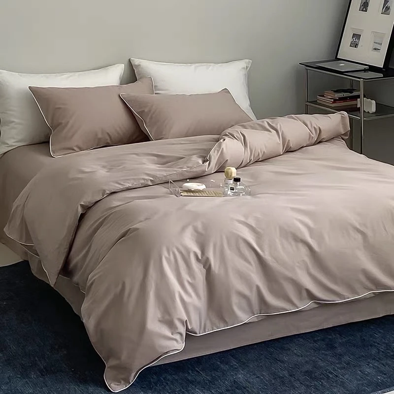 镶嵌 全棉水洗棉四件套清新奶油色纯棉被套床单