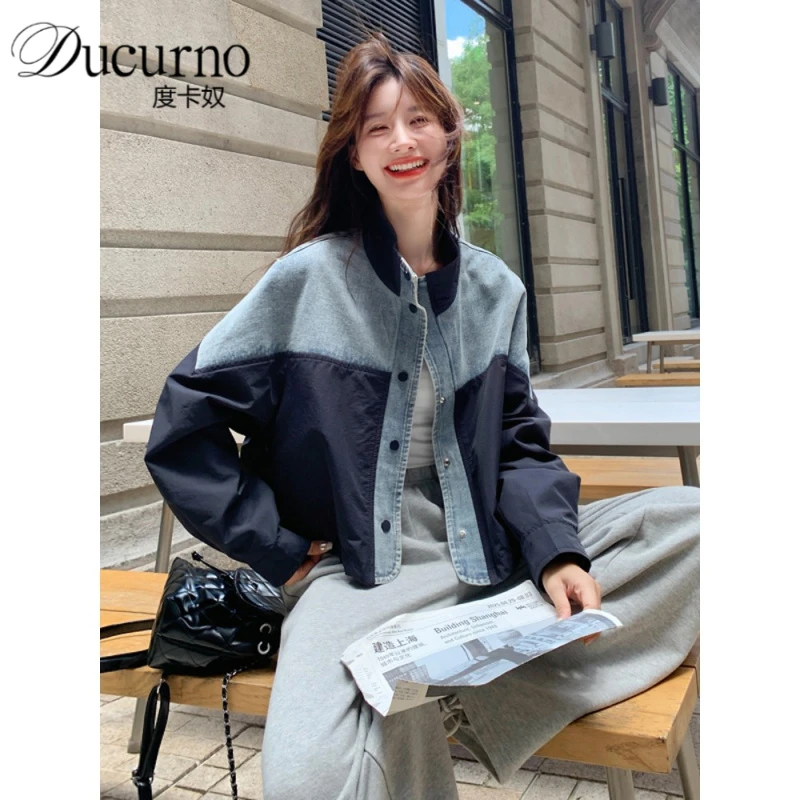撞色立领牛仔拼接短外套女2025秋新款韩系宽松休闲复古工装风夹克