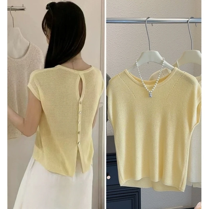 夏季简约高级感飞飞袖针织衫冰丝短袖女后背开叉镂空设计黄色上衣