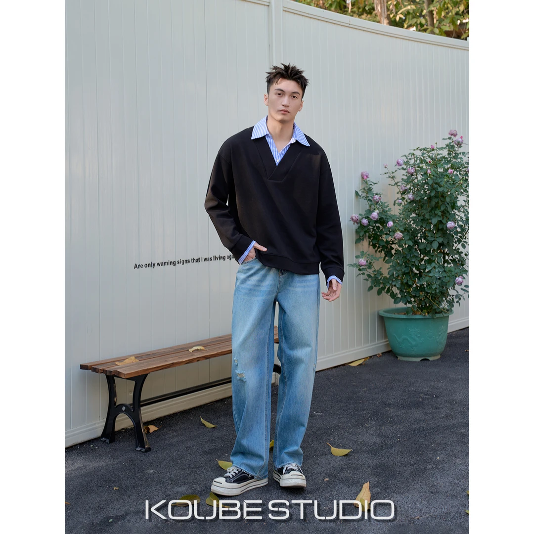 余乐「假两件 拼接撞色」春季衬衫领卫衣男纯色宽松百搭套头上衣潮