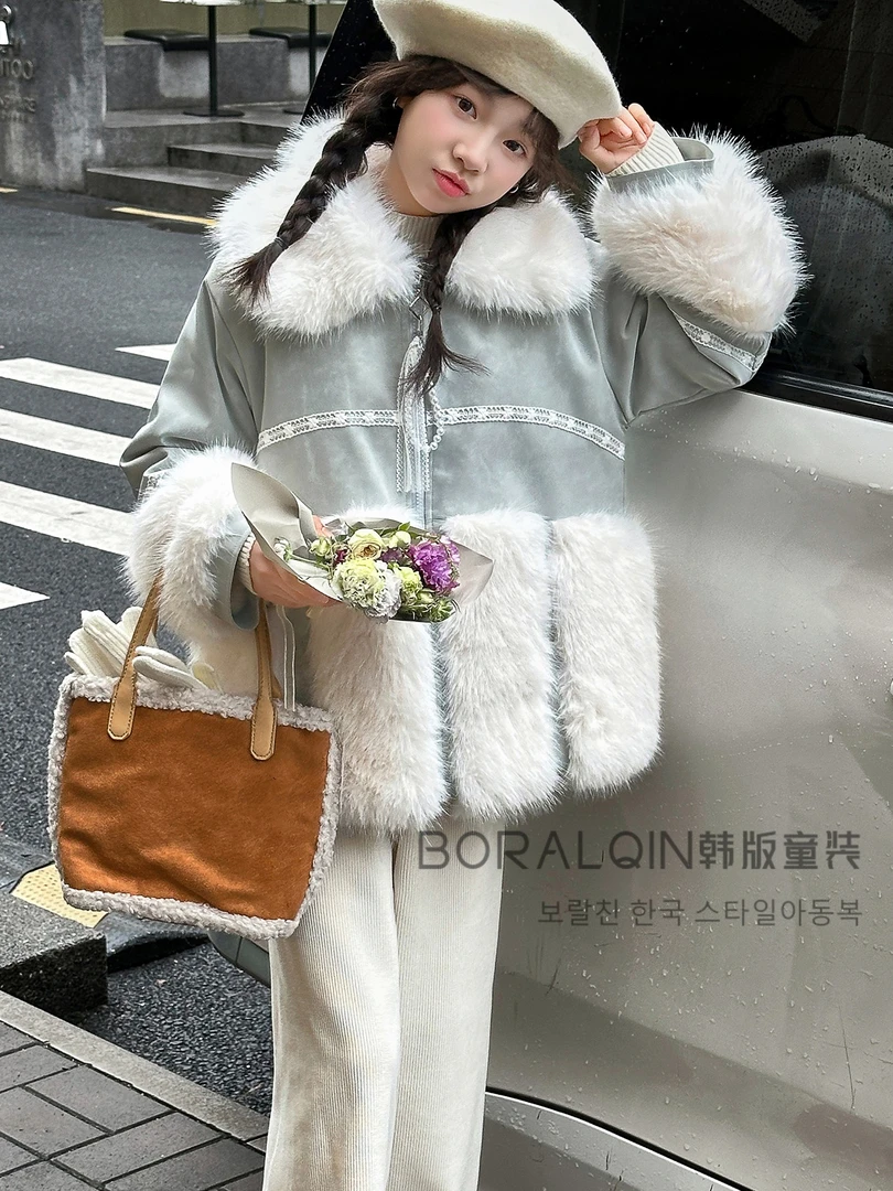 女童轻奢风仿皮草外套2025冬季加绒加厚新款时尚潮流可爱甜美上衣