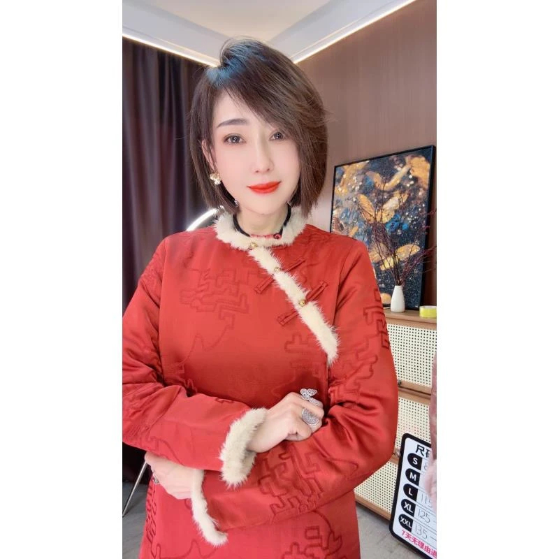 【露lu专属】财源滚滚-裙子新中式加棉中长款连衣裙秋冬水貂毛拼接