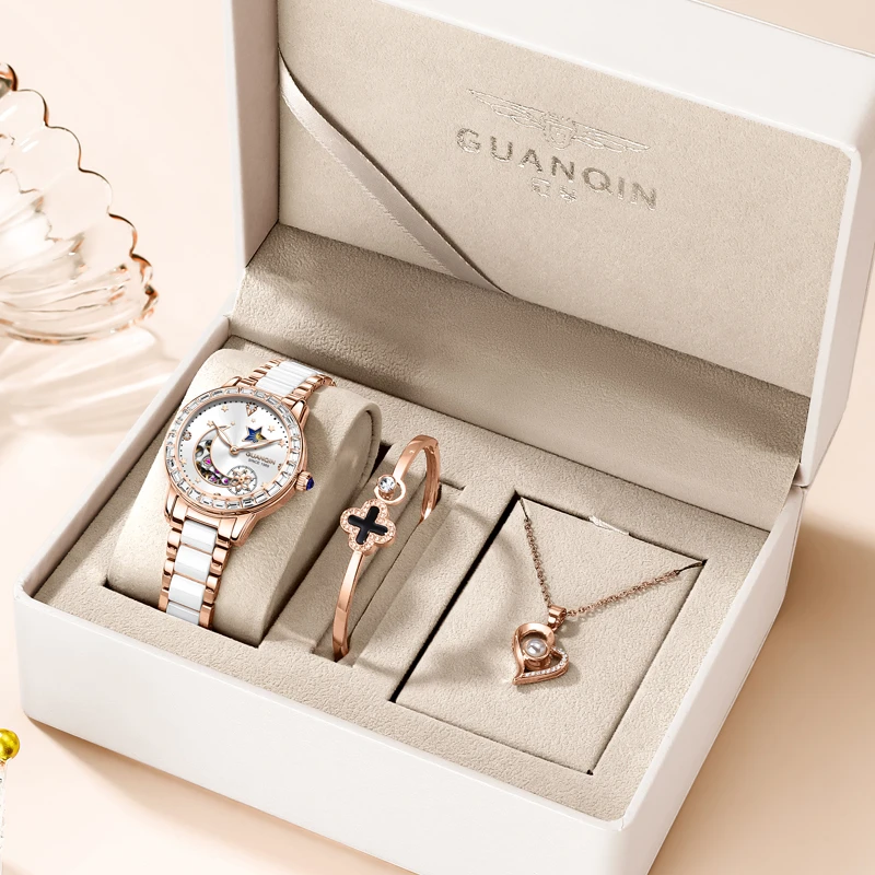 冠琴陶瓷女士时尚全自动机械手表女简约气质镂空镶钻夜光防水手表