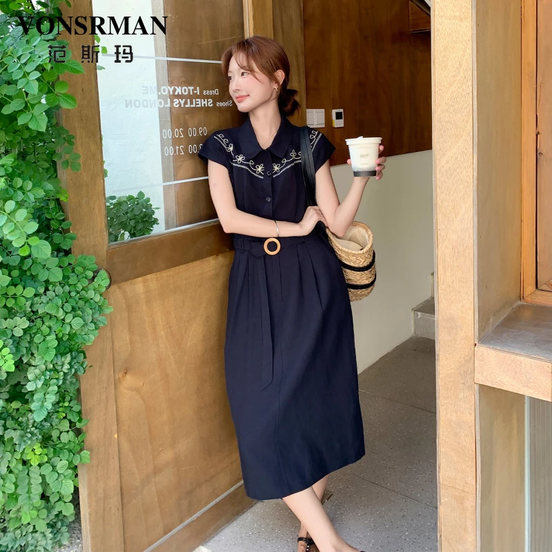 设计感刺绣衬衫连衣裙女夏季2025新款通勤气质腰带修身显瘦长裙子