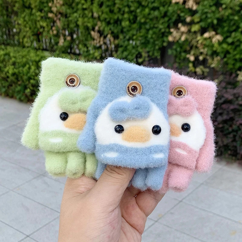 宝宝手套0-3岁冬季卡通可爱加绒防寒半指翻盖手套婴幼儿男女小孩