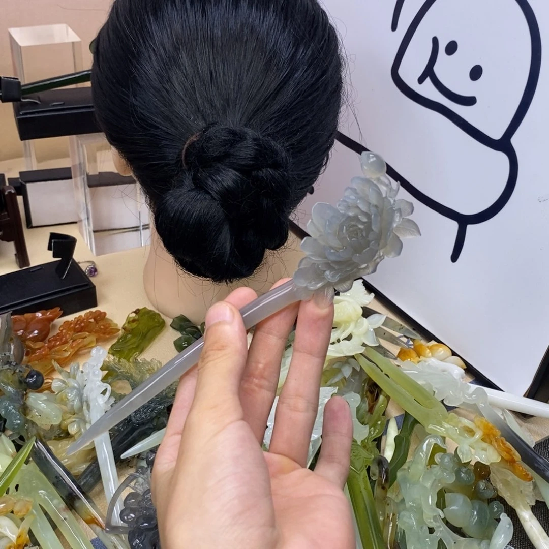 犯***莲合金蛇纹石玉发饰