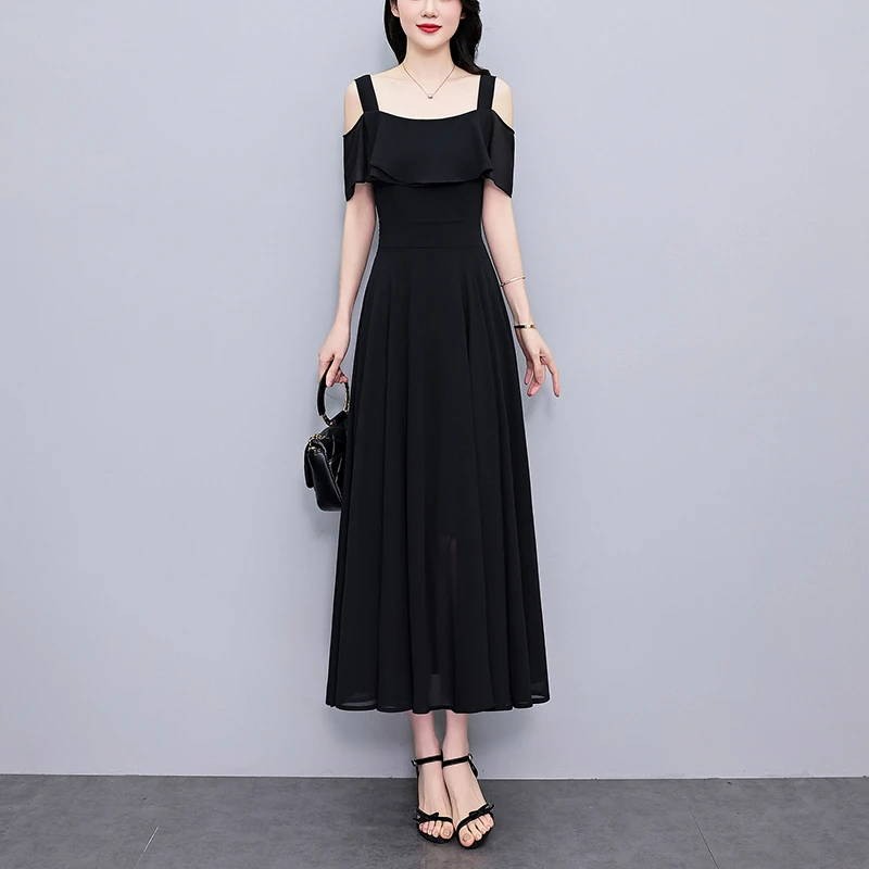 黑色雪纺吊带连衣裙女夏2025新款长款修身显瘦洋气质仙女沙滩长裙