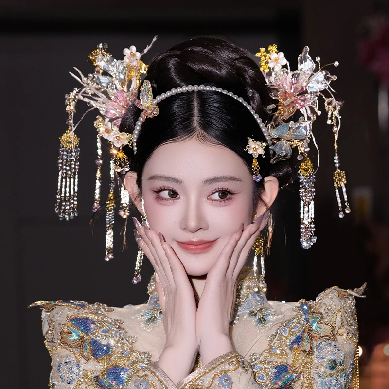 合金婚庆饰品 减龄新中式秀禾浅色超仙珍珠流苏气质结婚发饰D0492