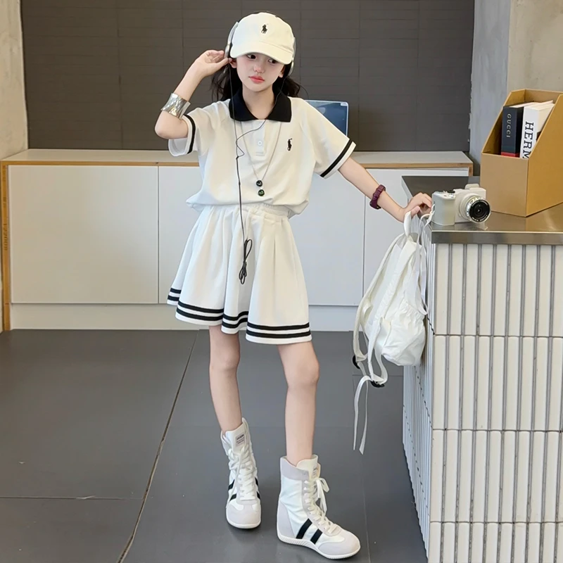 女童运动POLO衫套装2025夏季新款大儿童防走光半身裙子短袖两件套