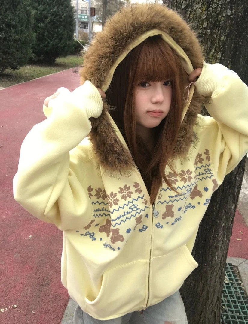 纯棉奶黄色费尔岛毛领连帽卫衣女秋冬韩系学院风加绒加厚开衫外套