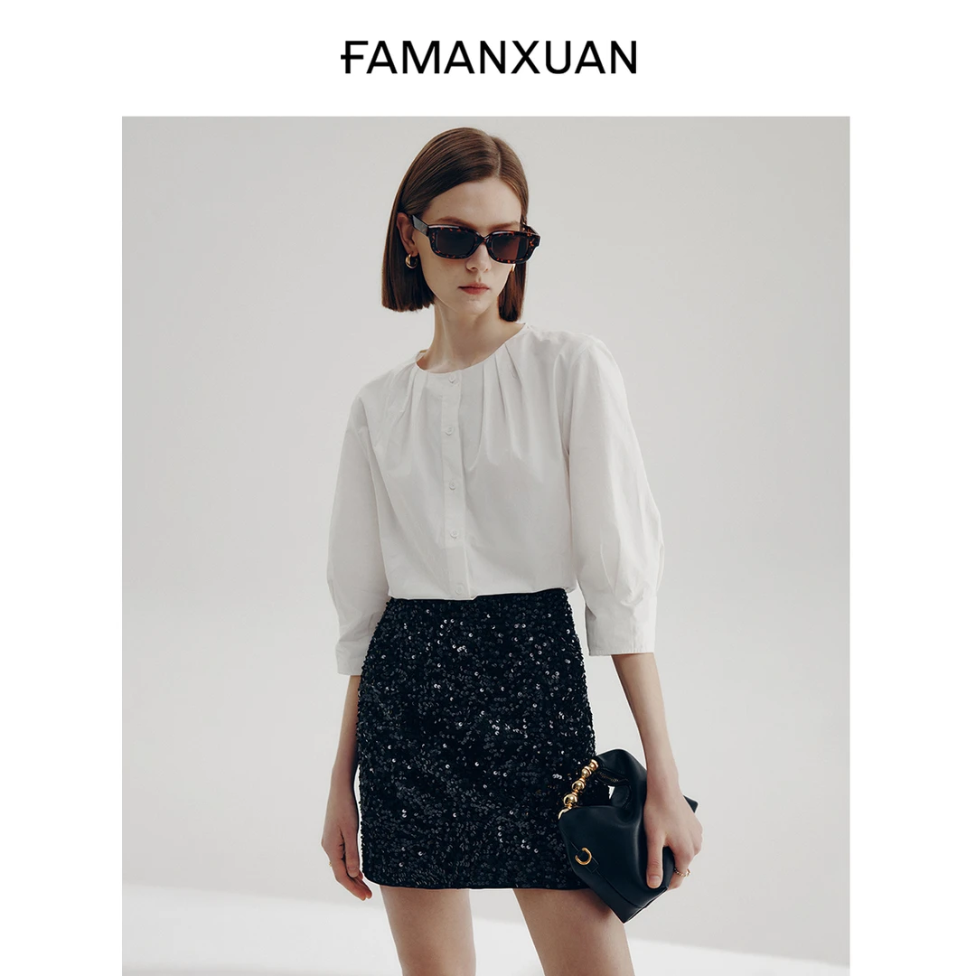 法曼萱黑色亮片半身裙小个子女2025新款法式时尚设计感气质短裙