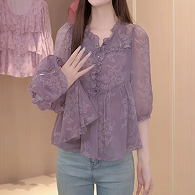 法式休闲碎花衬衫女士2025年夏季新款木耳边洋气减龄显瘦百搭上衣