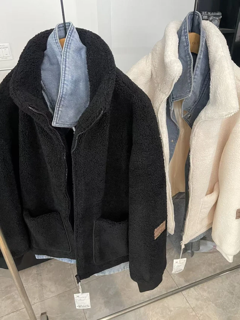 美式加厚百搭羊羔毛假两件冬季外套男女同款