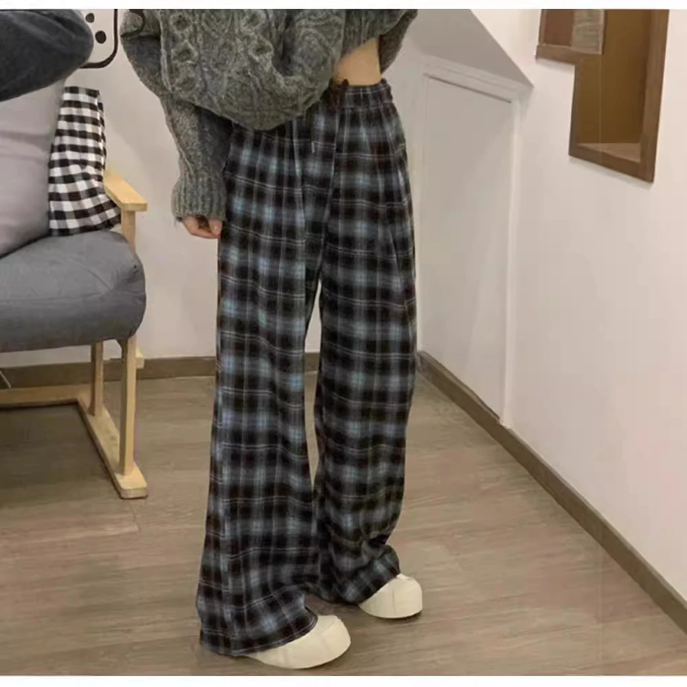 慵懒风格子休闲裤女春秋韩板网红垂感阔腿裤宽松小个子直筒拖地裤