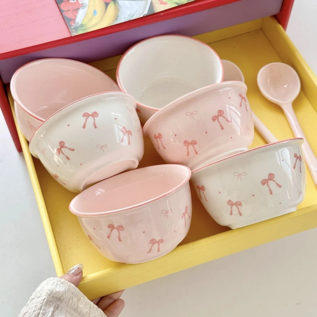 粉色蝴蝶结米饭碗少女心陶瓷高温釉下彩家用甜品碗可烤箱可微波