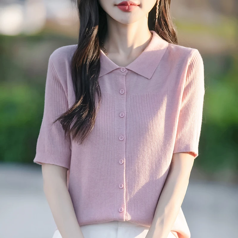 夏季翻领针织短袖T恤薄款POLO领开衫女外套宽松显瘦外搭打底衫潮