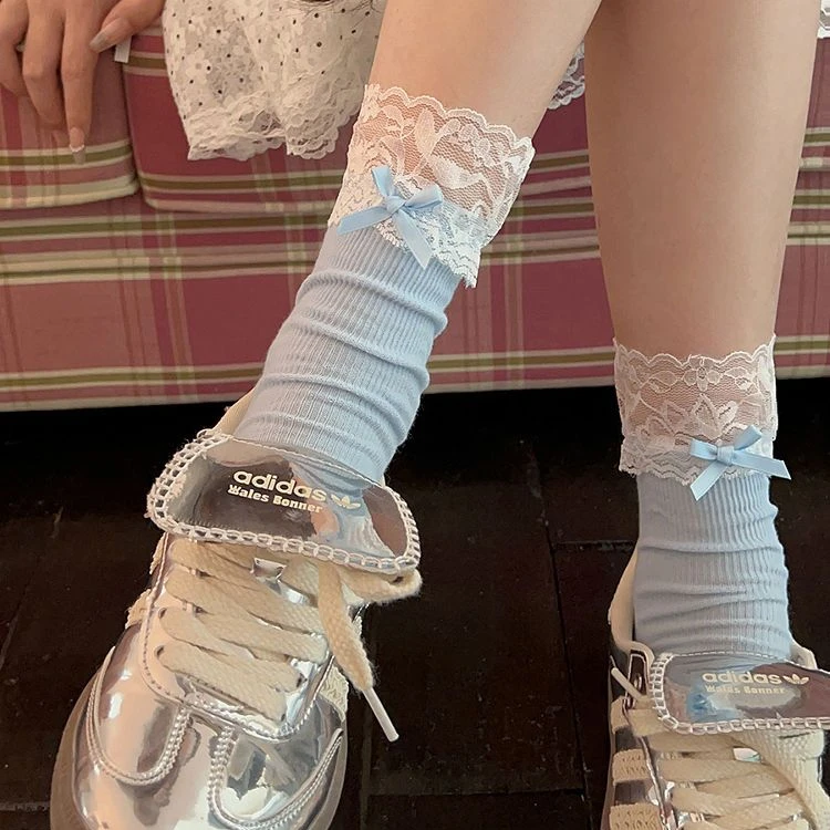 芭蕾风蕾丝袜子女中筒春夏薄款纯棉网眼堆堆袜miu系洛丽塔袜子LX