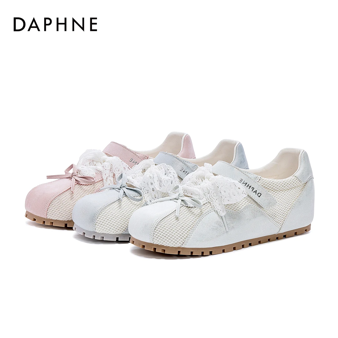 达芙妮新款网面透气休闲鞋女2025春季蝴蝶结德训鞋魔术贴蕾丝板鞋