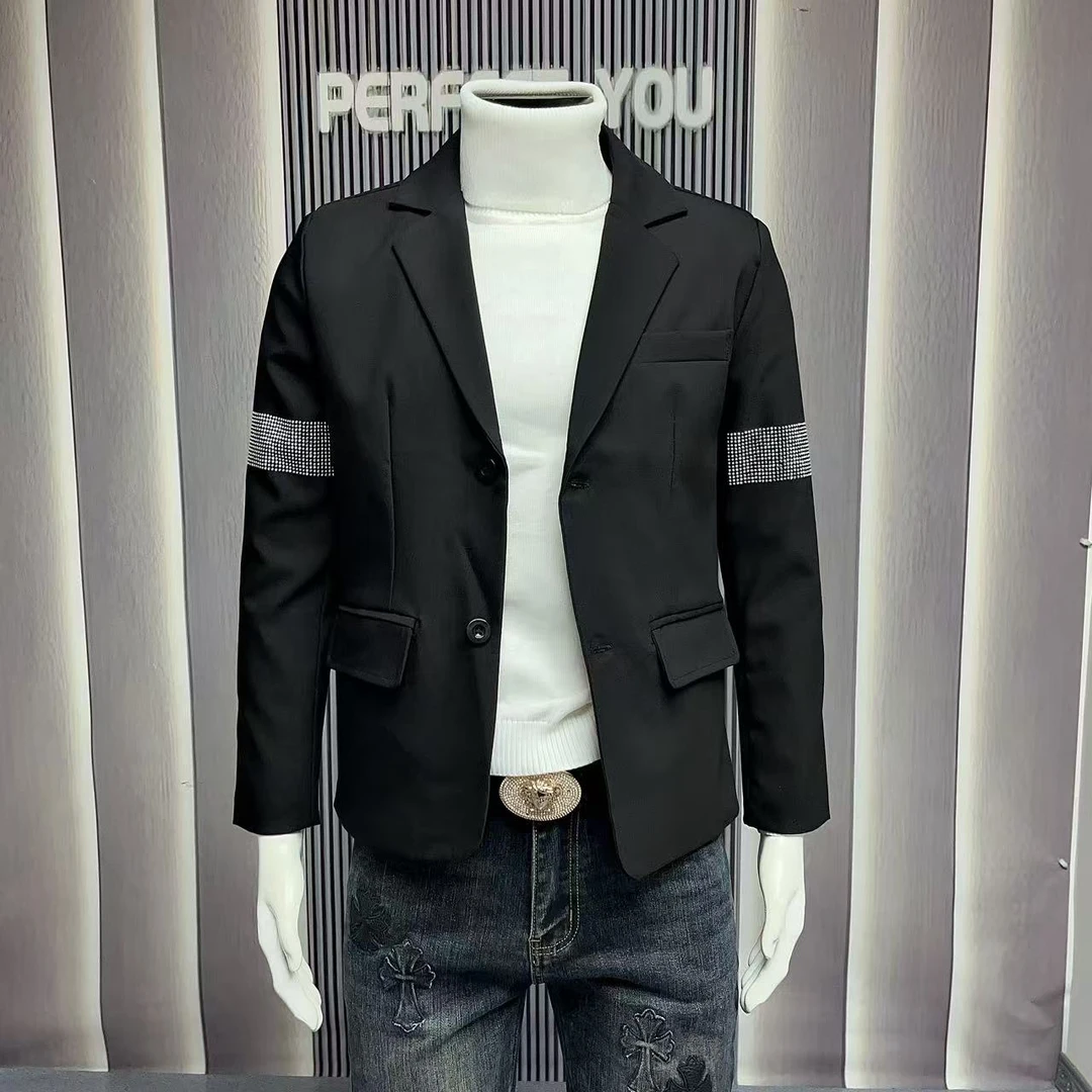 夜店发型师痞帅西服男秋季新款韩版时尚重工镶钻修身休闲西装外套