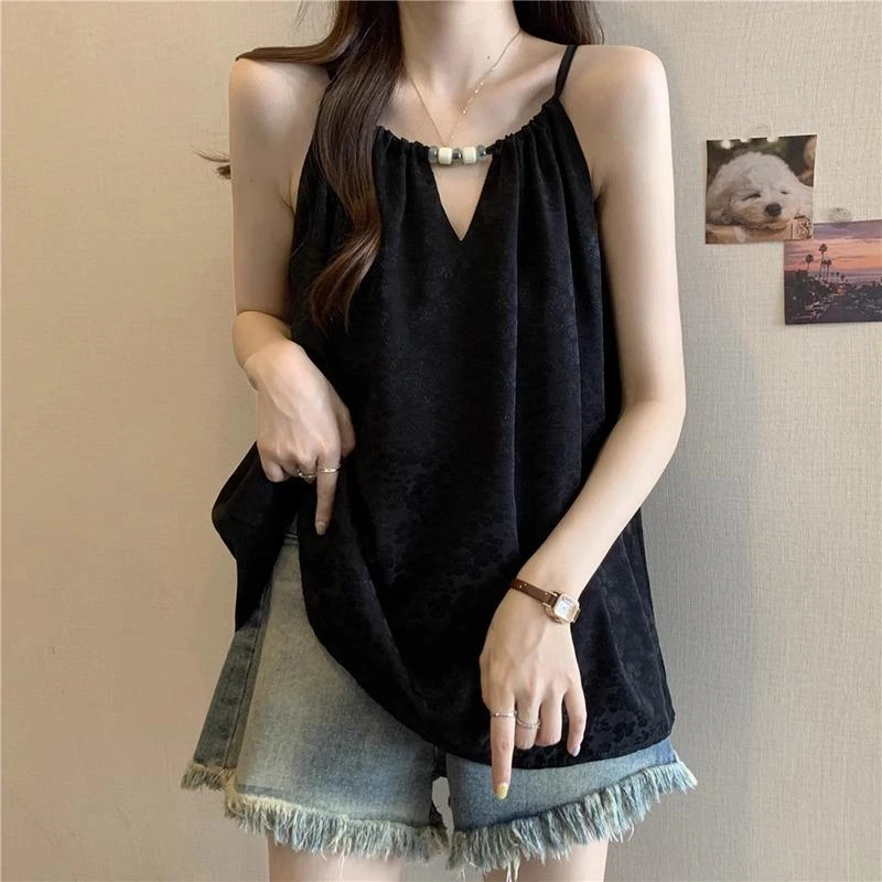 大码胖mm黑色吊带背心女夏外穿宽松遮肚显瘦雪纺娃娃衫无袖上衣