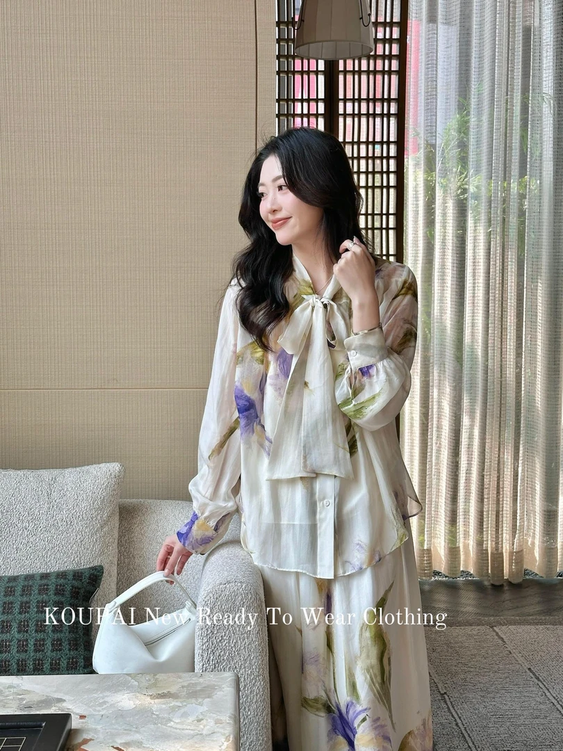 杏底紫叶花雪纺新中式套装