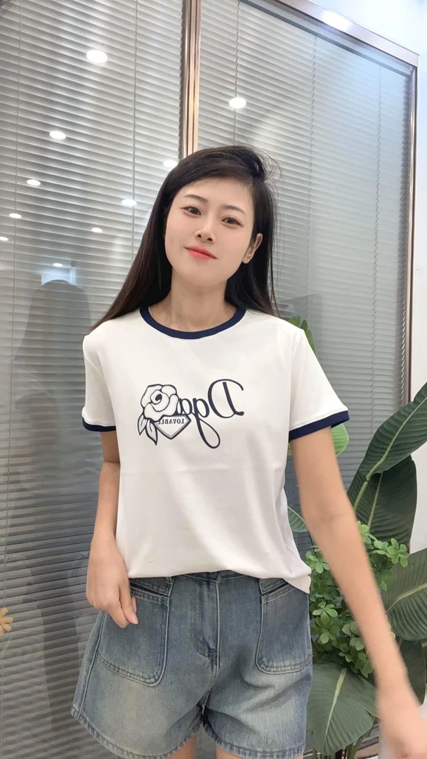 2025新款T恤女白色拼接玫瑰花朵夏季显瘦短袖百搭休闲ins  MGH-1