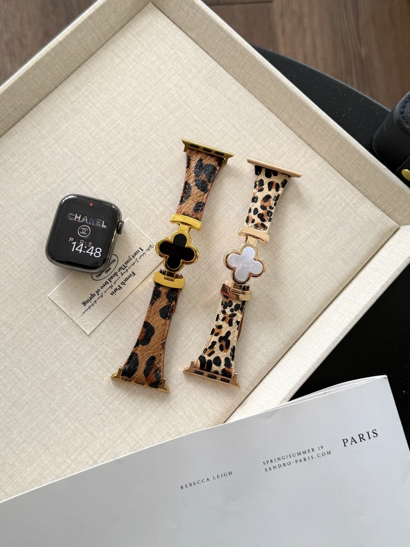 适用iwatch苹果手表s11四叶草豹纹牛皮小米9pro华为fitvivogt表带