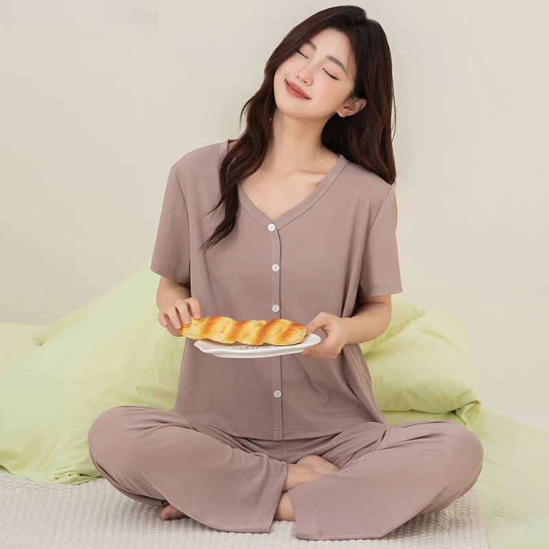 高弹力凉睡衣女款妈妈大码冰丝女士夏季短袖长裤可外穿家居服套装