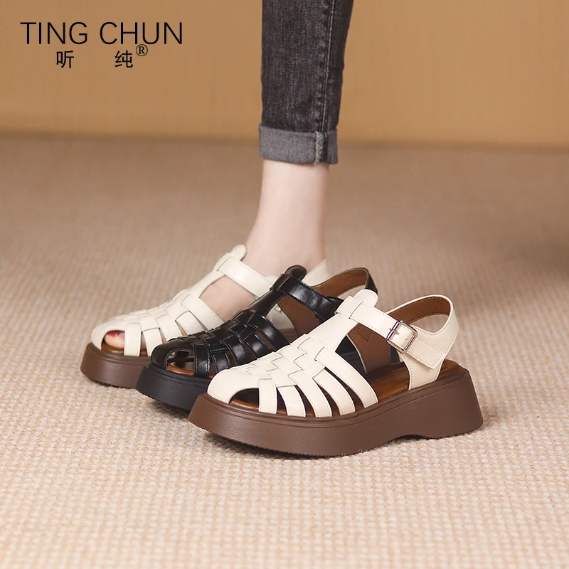 听纯8623夏季2025真皮露趾复古凉鞋平底舒适软底防滑休闲时尚百搭