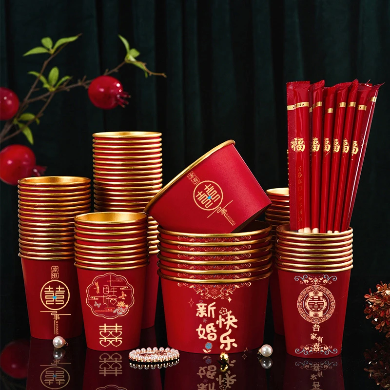 一次性饭碗套装婚庆用品大全喜碗结婚碗杯筷子勺婚礼红色餐具