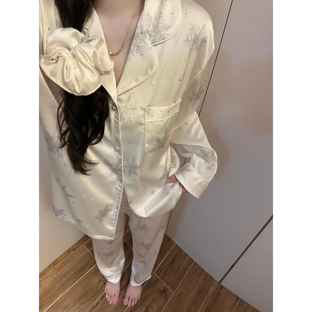 韩系少女慵懒感雪花印花睡衣女春秋季新款柔软舒适休闲套装可外穿