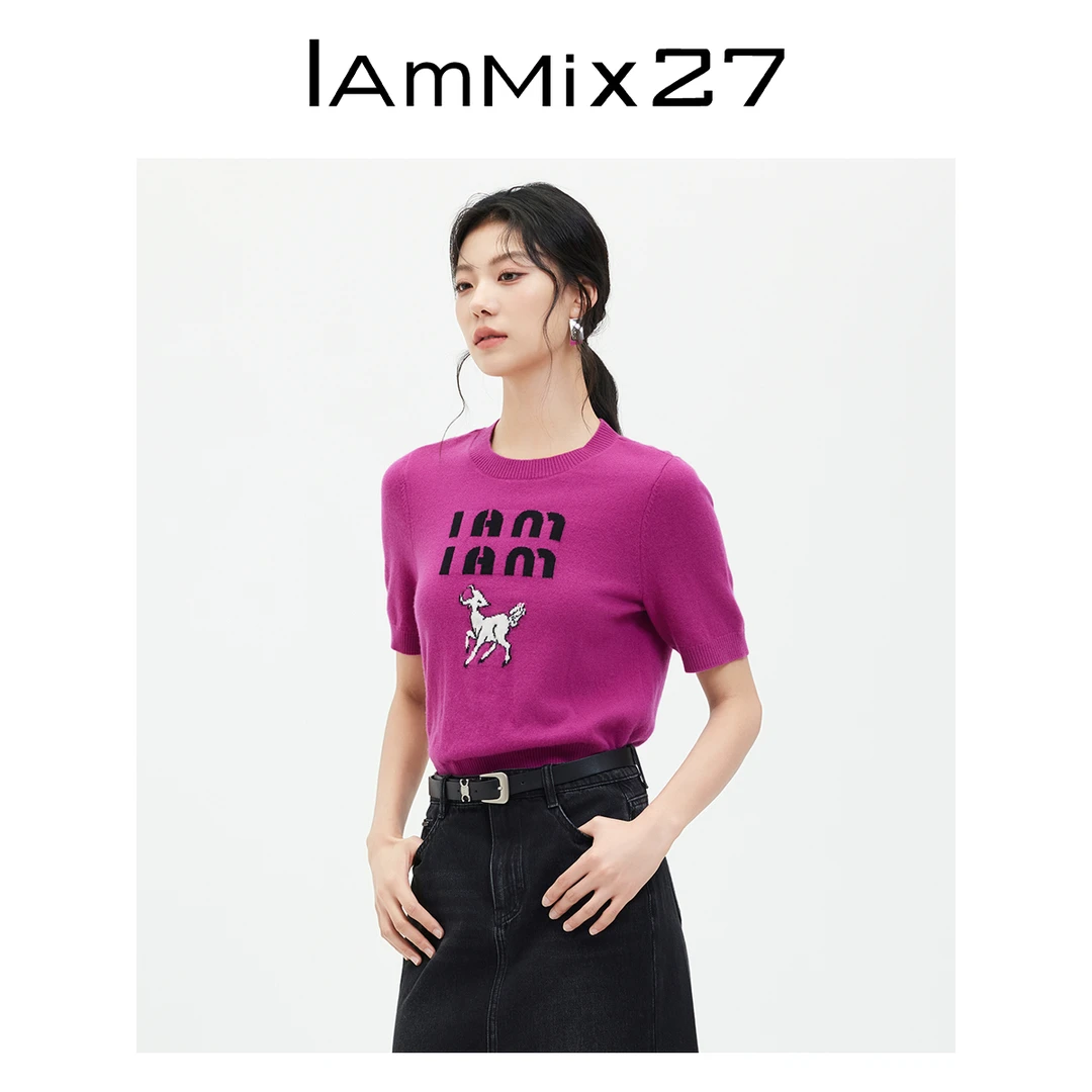 Iammix27圆领套头全羊毛字母刺绣打底衫羊毛衫M4C5821