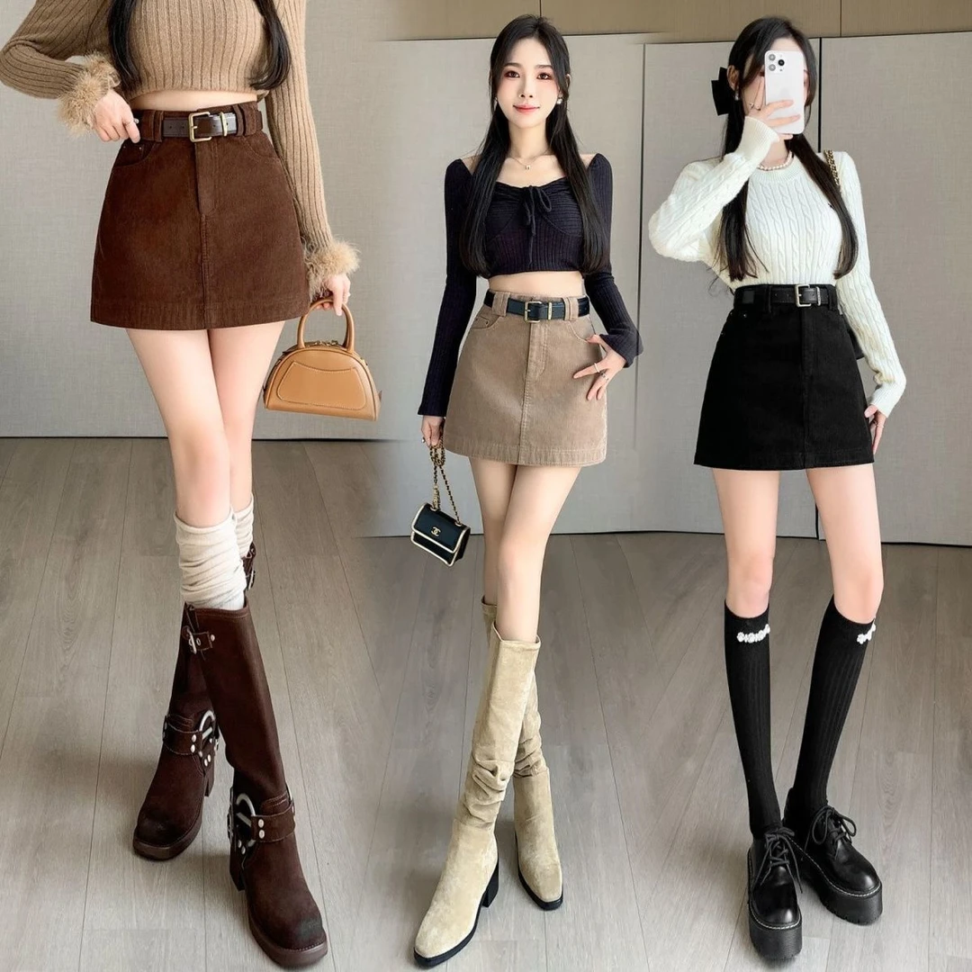 灯芯绒短裙半身裙女2025秋冬小个子百搭高腰显瘦A字包臀女士裙子