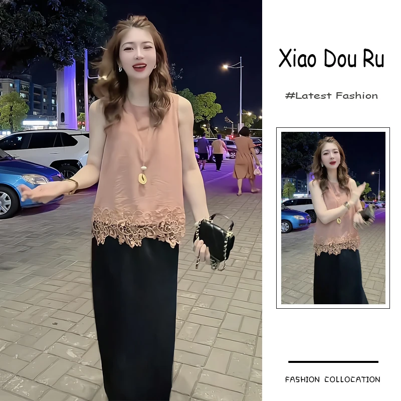 夏季流行穿搭一整套新款2025韩系设计感蕾丝拼接上衣半身裙两件套
