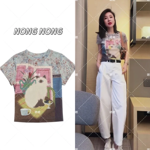 哝NONG【油画猫咪】-2025春夏新款轻薄透气复古油画猫咪短袖0692692