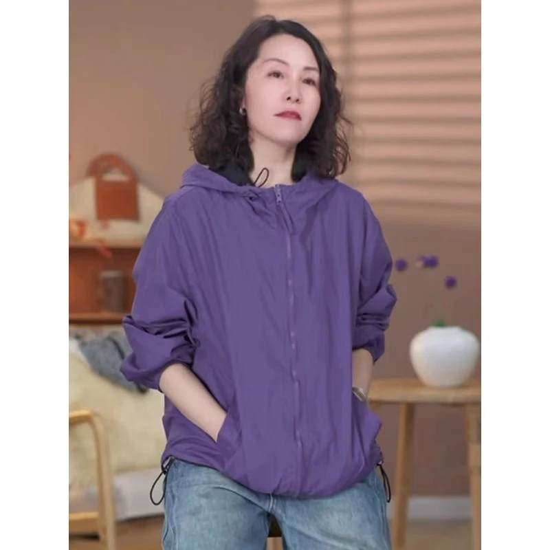 时尚休闲百搭两面穿外套女2025春季新款撞色连帽运动风宽松上衣潮