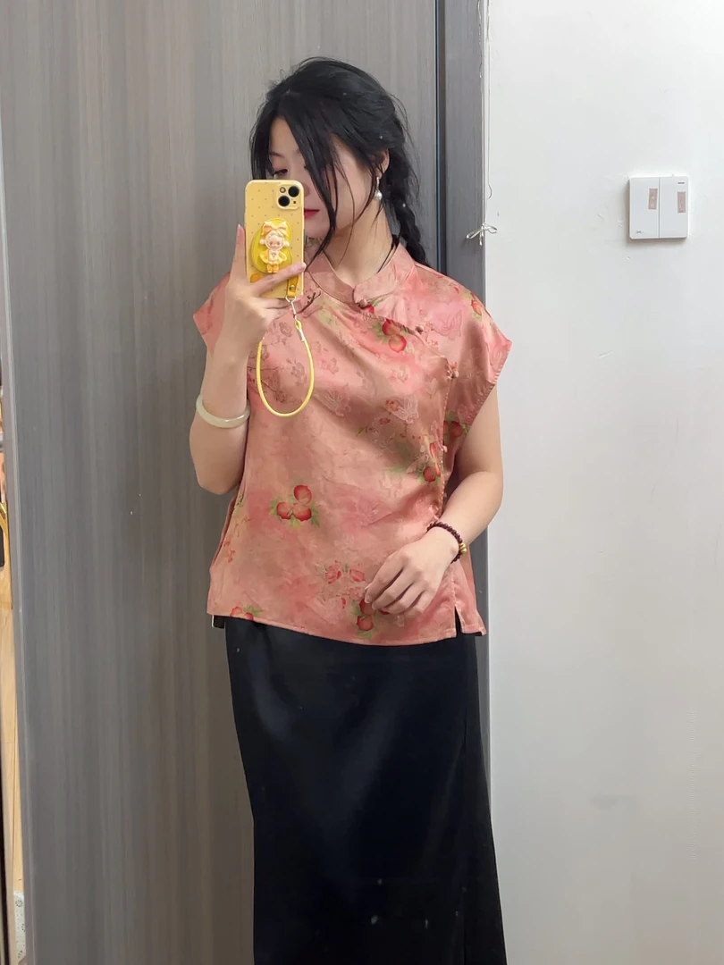 满分桑蚕丝香云纱立领薄款无袖国风短奥黛夏季小衫女士透气上衣