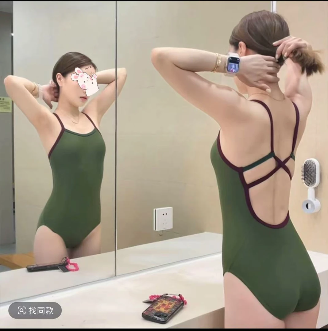 8581【苔藓绿】 女款三角连体潜水服专业运动训练时尚泳装美背女士