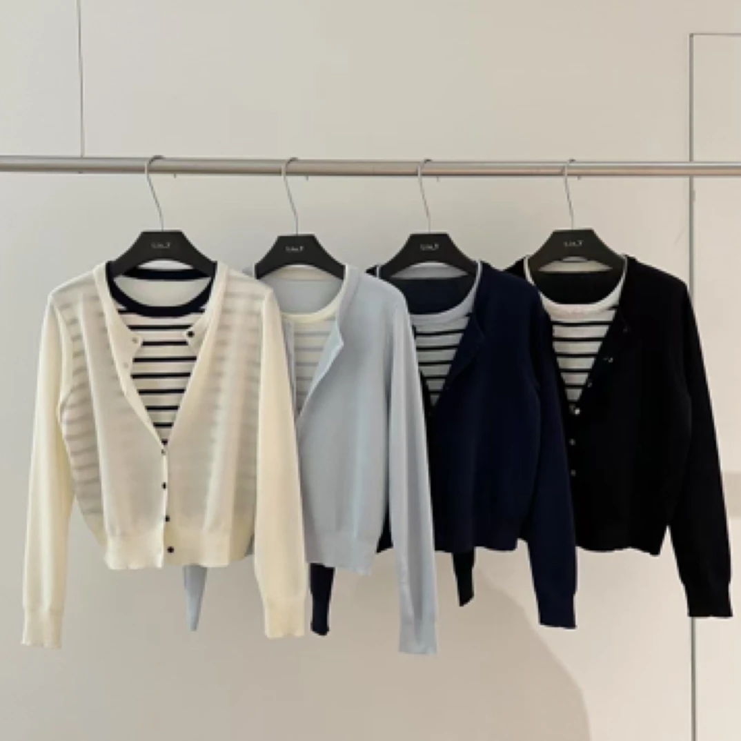 春季通勤长袖针织撞色假两件上衣欧韩穿搭