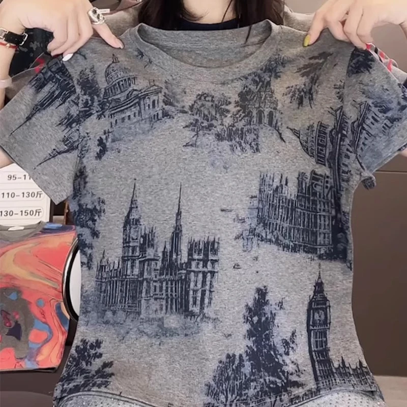 欧货2025夏季新款圆领城堡涂鸦印花短袖T恤女修身显瘦打底衫上衣