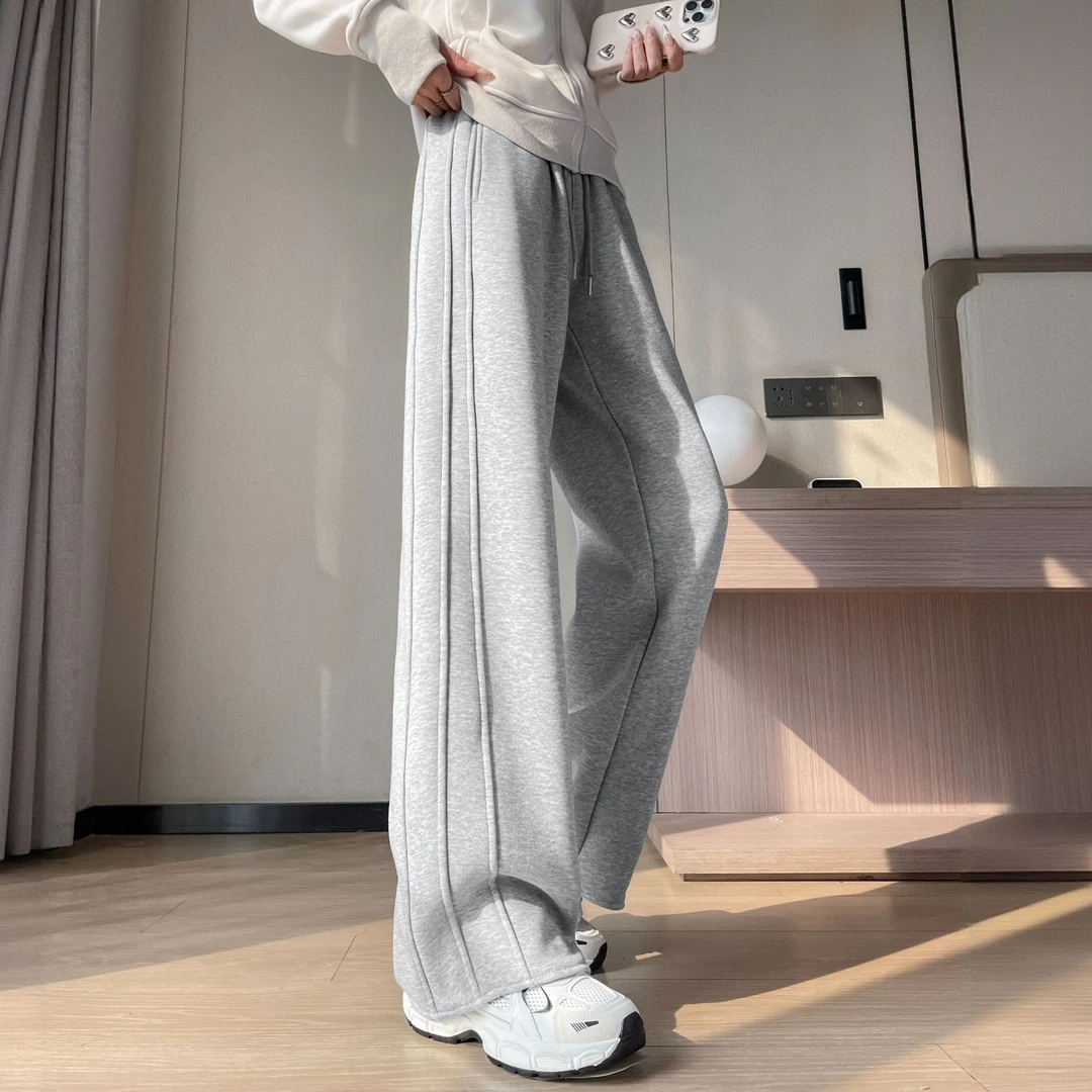 美式运动阔腿裤女秋冬高腰加绒休闲窄版直筒香蕉裤卫裤女冬季加厚