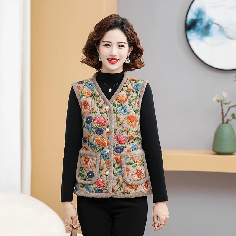 洋气加绒马夹春秋加绒碎花马甲中老年洋气外穿保暖坎肩秋冬开衫