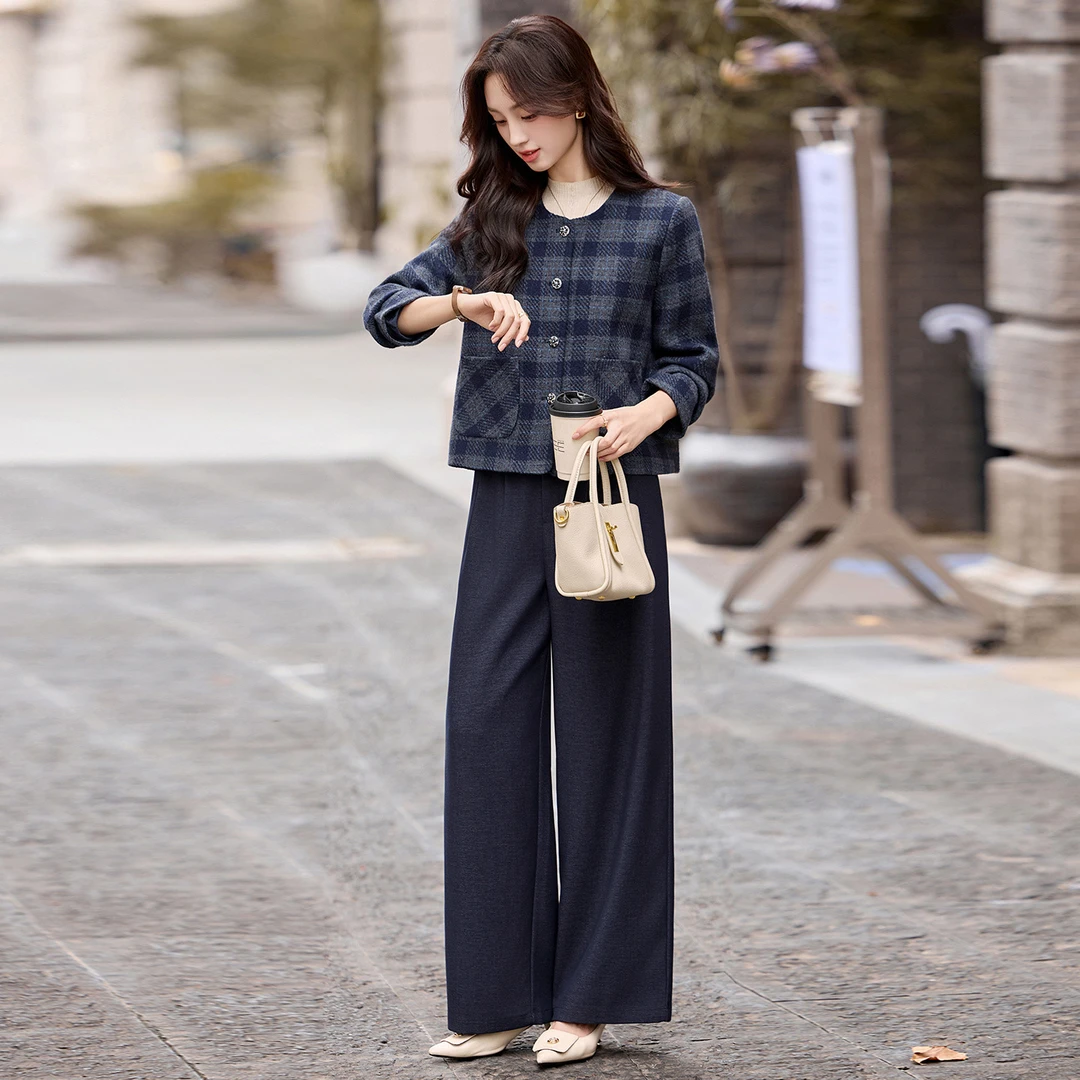 时尚套装女2025秋季新款女装高级感气质格纹外套阔腿两件套LT2708