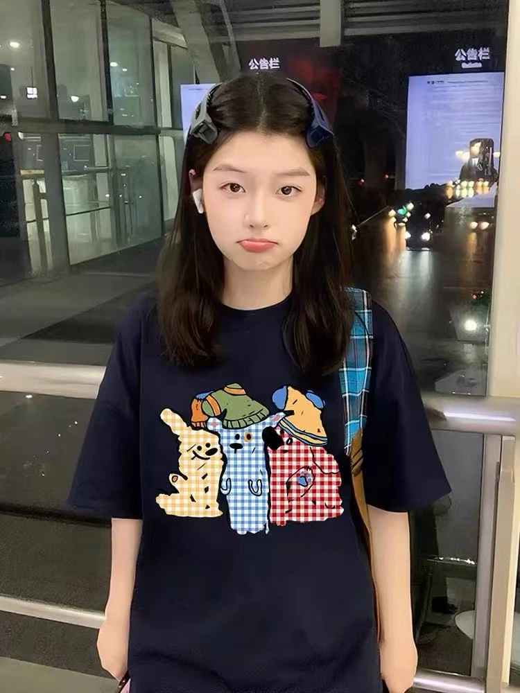 美式复古学院风穿搭夏季短袖T恤女宽松显瘦百搭圆领半袖上衣