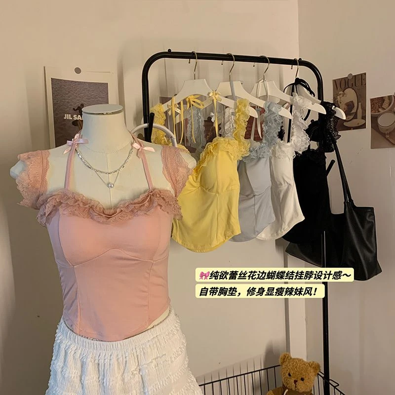 多巴胺挂脖蕾丝吊带背心女夏甜辣妹一字肩抹胸性感显瘦短款上衣潮