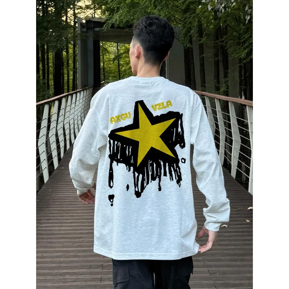 美式潮牌星星字母印花白色圆领长袖T恤男款秋季纯棉重磅上衣打底