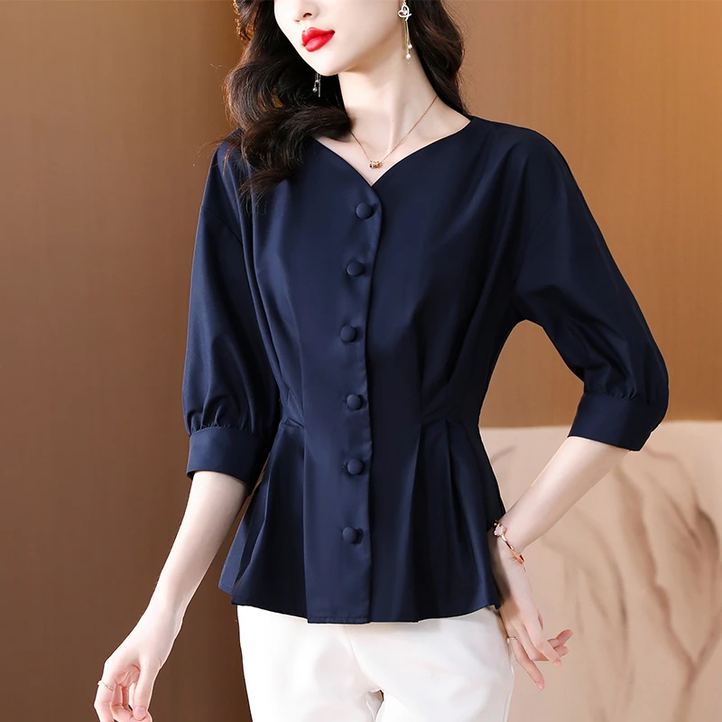 法式收腰显瘦女士衬衫2025春夏新款设计感v领衬衣气质七分袖上衣