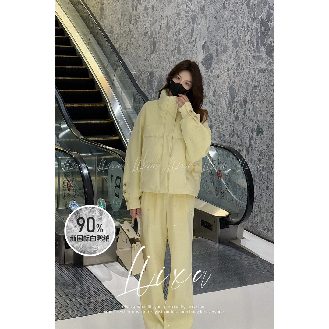 Liixu高级感立领羽绒服女冬季亮片拼接外套阔腿裤套装L48TZ083
